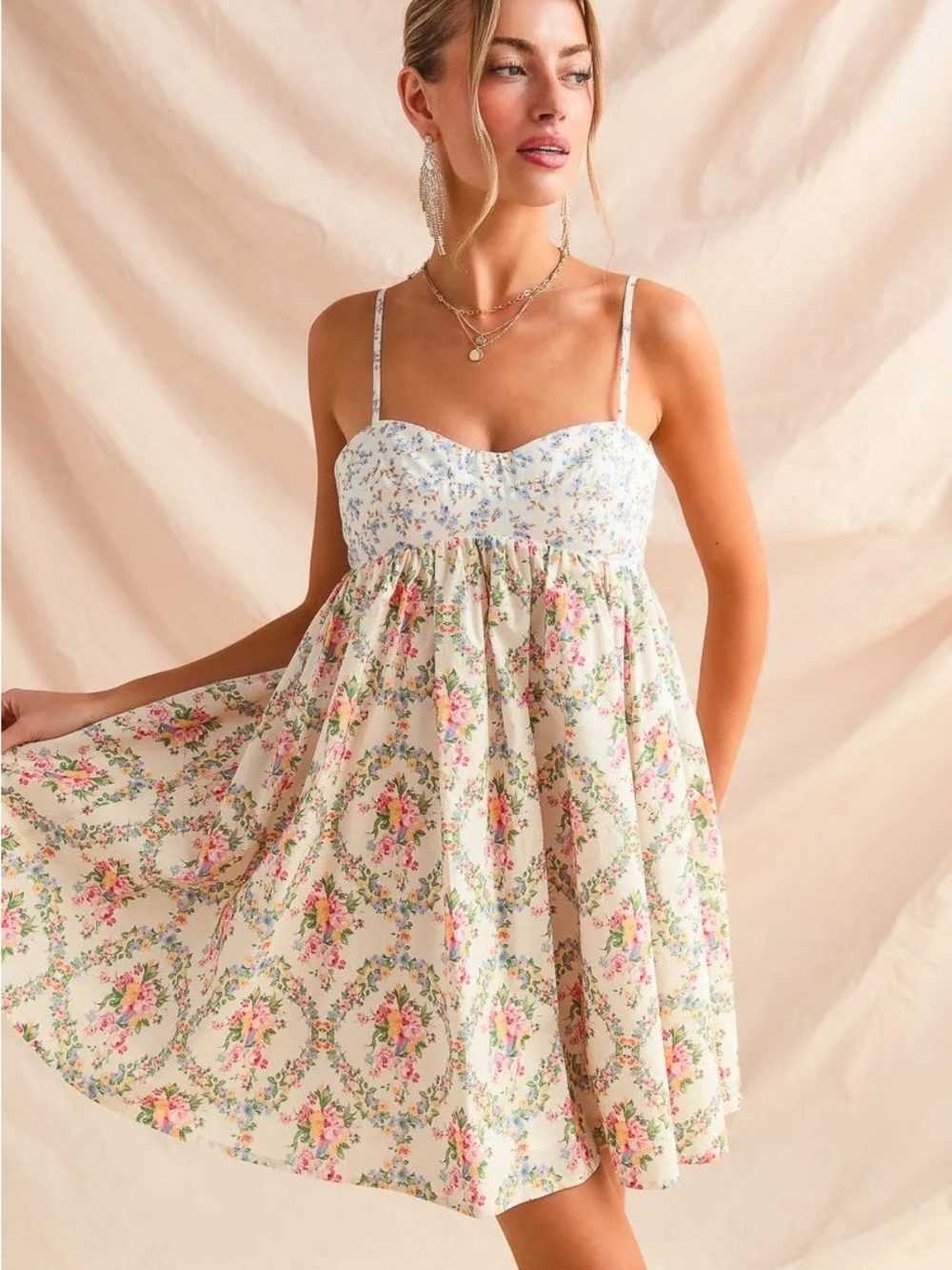 Love Me white floral smocked babydoll sundress cotton lined spaghetti strap XL